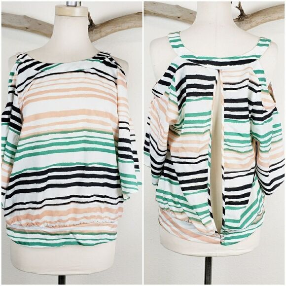 Xtaren striped cold shoulder split back blouse - Picture 1 of 6